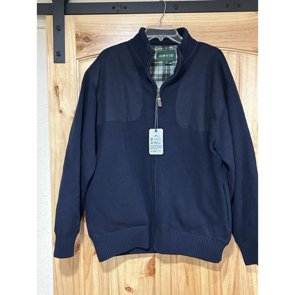 Orvis Ultimate Foul Weather Sweater Mens L Navy Blue Wind roof Full Zip NWT Wool